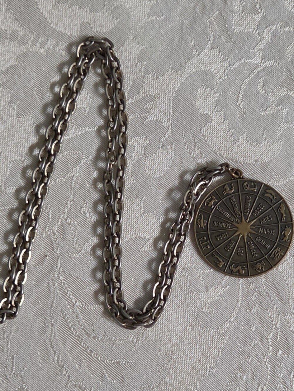 Vintage Brass Zodiac Calendar Necklace 24" Reversible Astrological Medallion - Picture 5 of 5